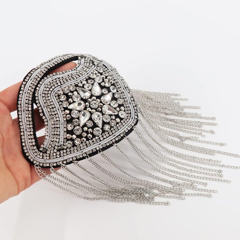 Zthread Crystal Beaded Shoulder Epaulete Badge Rhinestone Shoulder Brooch Pin Gold Chain Tassel Fringe Shoulder Epaullette (Silver) - Image 3